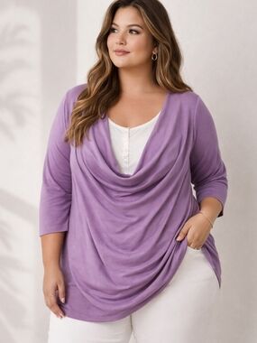 Addition Elle Purple Cowl Neck Tunic 1X Layered Draped Minimalist Top Stretch Kn